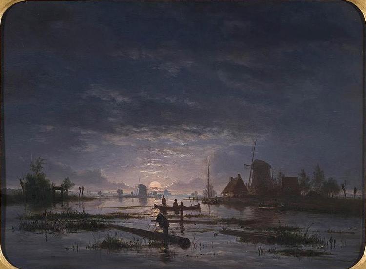 Jacob Abels An Extensive River Scene with Fishermen at Night oil painting image